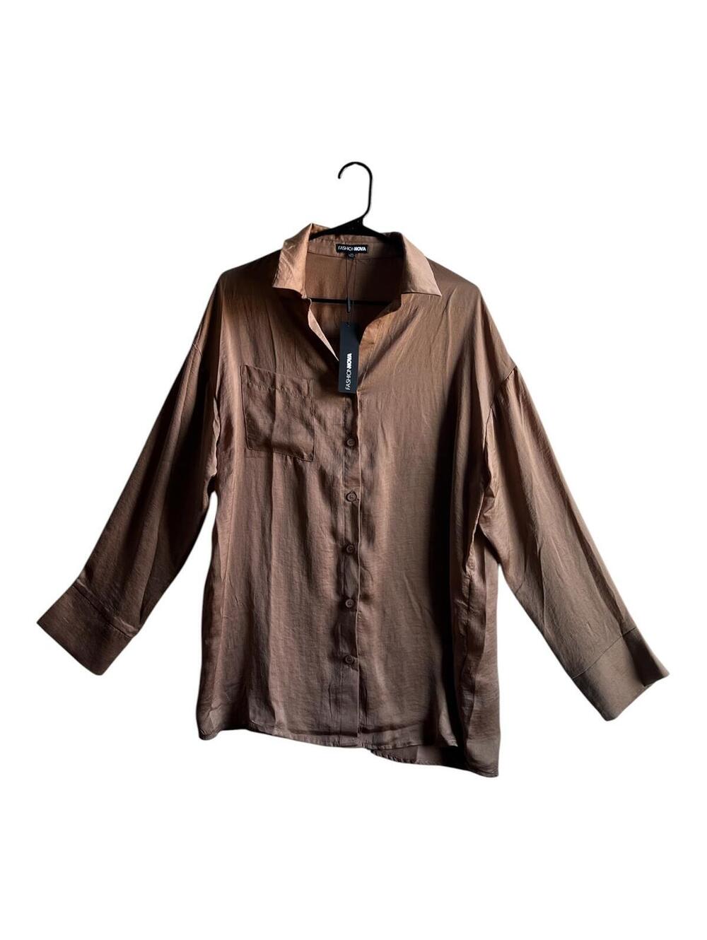 NWT - Fashion Nova Mocha Button Front Blouse Size M - Oversized Collared Shirt